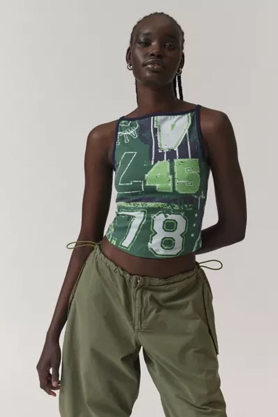 BDG Romy Boatneck Cropped Tank Top in Blue Green Gray Sports Design Size Large